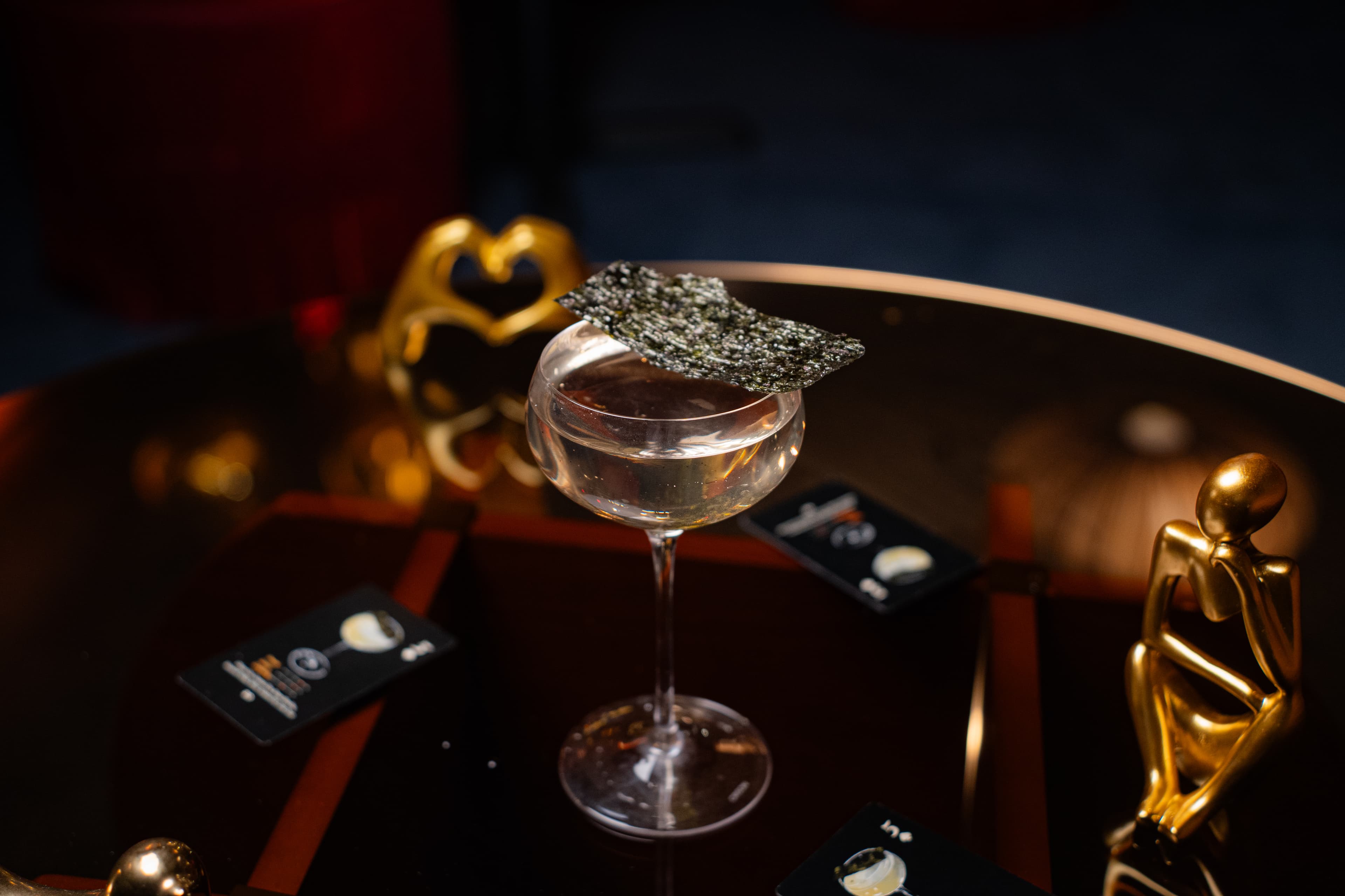 Nori Martini with crisp seaweed garnish at RokuNana NYC