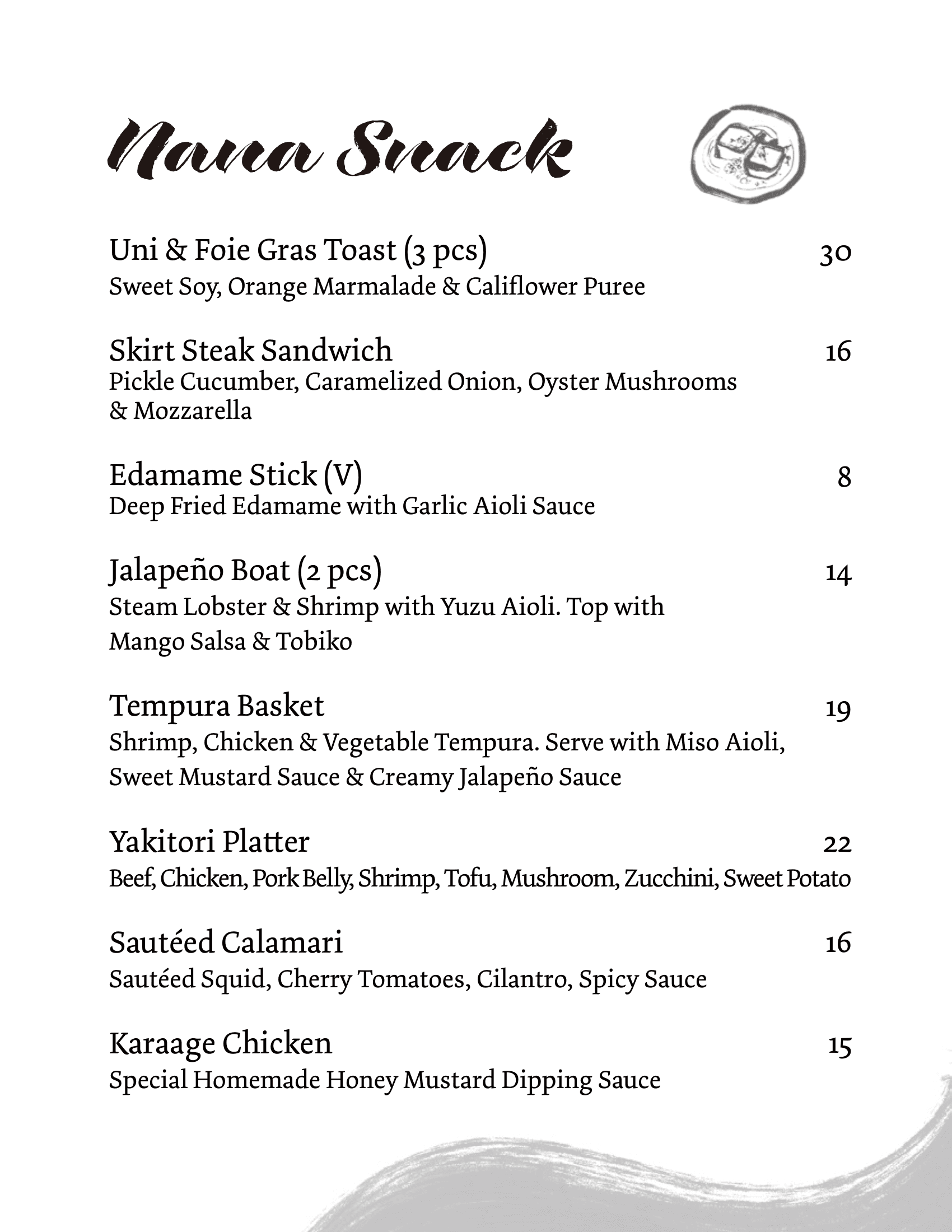 Nana food menu page 1